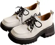 [Generic] Women's Chunky Platform Oxford Shoes Shoe Vintage Lace-Up Coarse Heel English Style Casual Square Head Leather Shoes Comfortable Leather