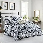 Navy Blue Duvet Cover King - 100% Organic Cotton 400TC Soft Spring King Duvet Cover Set, 3 PCS Paisley Damask Floral Duvet Cover King Size with Zipper (104x90, No Comforter)