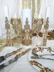 Wedding champagne glasses and cake server set unity candle set plate and forks