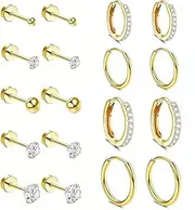 [SSKHE] 9 Pairs Flat Back Stud Earrings Sets for Multiple Piercing 316L Surgical Steel Set 14K Gold Hoops Earrings Stud Hypoallergenic for Men and Women, Gifts Cartilage Hoop, One size, Stainless Steel