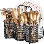 Fhioevt Kitchen Utensil Holder, Round Metal Cutlery Holder with Handle, 3 Compartments, Cutlery Basket, Table, Kitchen Cutlery Draining Container, Cutlery Draining Basket for Dishwasher (Black)