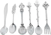 6Pcs Red Brass Mini Metal Coffee Spoons and Fork Set – Decorative Tableware for Tea Dessert Appetizers (Silver)