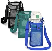 Water Bottle Holder with Strap, Mesh Water Bottle Bag Carrier with Adjustable Shoulder, Water Bottle Carrier with Strap and Pouch for Walking & Travelling
