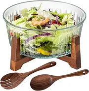Buaic Large Glass Salad Bowl Set with Acacia Wood Base and Salad Serving Utensils Clear Borosilicate Glass Fruit Bowl and Trifle Bowl, Microwave & Dishwasher Safe Multifunctional Bowl for Popcorn,Chip