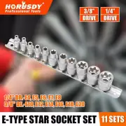 11Pc E Type Torx Socket Set Female Star External E4-E20 3/8" 1/4" Dr. With Rail