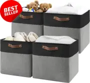 13 Inch Cube Storage Bins 4 Pack, Foldable Basket with PU Handles