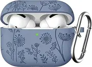 Flower Engraved Case Compatible with AirPods Pro 2 Case Cover & Airpod Pro Case Cover, Cute Soft Silicone Full Protection, for Apple AirPods Pro 2nd 1st Generation Case Front LED Visible, Bluegray