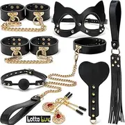 Lotta Luv Black Genuine Leather BDSM Bondage Set: 7-Piece Collection with Case, Cuffs, Leash, Mask, Whip, Paddle, Gold Chain Detail for Sensual Exploration