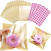 RYKOMO 200PCS Heat-Sealable Bakery Bags with Window for Cookies Packaging, Kraft Paper Donut Bags To Go with 210 PCS Stickers 7.5 x 7.1 Inches Grease-Resistant Visible Sandwich Bags Treat bags