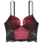 Victoria’s Secret Bombshell Corset Top 32B Sparkle Strap Red and Black Plaid