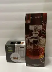 St.Tropez 35oz.Glass Decanter w/ Glass Stopper & 2pc Double Rocks Ice Cube Molds