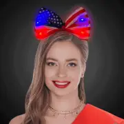 Patriotic Red White Blue Led Ribbon Bow Headband Attire. One Size Fit Most.