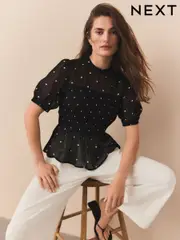Black/White Spot Sheer Short Sleeve Smock Top (AR6873) | $60