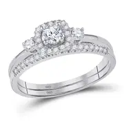 14k White Gold Round Diamond Solitaire Halo Bridal Wedding Ring Set 1/2 Cttw