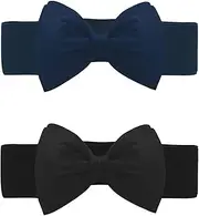 [Allegra K] Women's 2Pcs Bowknot Elastic Belts, 2.4" Width Elegant Cute Stretchy Cinch Waistband for Dress Wedding Black+Navy Blue Fit Waist:24-32 inches