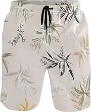 [GuoChe] Men's Beach Shorts Plant Leaves Beige Quick Dry Beachwear Hot Summer Swim Trunks Pants with Mesh Lining