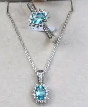 Paraiba Apatite / White Zircon Ring & Pendant Set in Platinum Over Sterling Sz 7