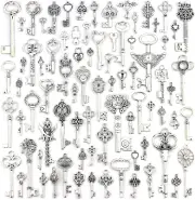 Silver Skeleton Key Charms, 80PCS Mixed Antique Style Keys for Crafts