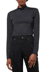 Ming Wang Crystal Detail Mock Neck Top in Black at Nordstrom, Size Large