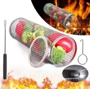 Rolling Grilling Basket Outdoor Grill BBQ Mesh Tube Stainless Steel 7” Cylinder
