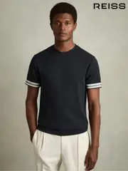 Reiss Navy Emmerson Tape-Cuff Textured T-Shirt (AM5318) | $120