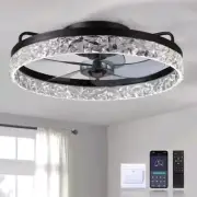 FANNEHONNE CA0001102 19.6" LED Indoor Black Crystal Flush Mount Ceiling Fan NEW