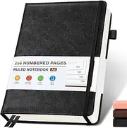 Lined Leather Journal Notebook for Men Women, Hardcover Journals with 256 Numbered Pages, A4 Journaling Notebooks for Writing, 100GSM Thick Ruled Paper for Business Work School 8.5"×11", Black