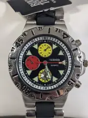 Bojoux Terner Red Yellow Black Dial Rotating Silver Tone Bezel Round Case Watch