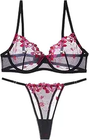 [FEOYA] Women Embroidery Underwire Set Thong Lingerie Set Mesh Underwire Push Up See Through Panty Bra