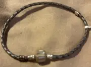 AUTHENTIC PANDORA 6.5" BLACK BRAIDED LEATHER STERLING SILVER CHARM BRACELET