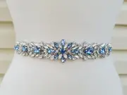 Wedding Belt, Bridal Belt, Crystal Rhinestones, Opal & Light BlueStones