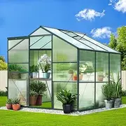 Green Fingers Greenhouse Polycarbonate Green House Mini Garden Shed Gardening Supplies Plant Stand Storage, 190 x 190 x 184cm Aluminium Frame with Lockable Door and Gutter System