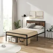 Giantex Industrial Double Size Bed Frame Heavy-duty Metal Bed Base w/Wooden Headboard Rustic Brown