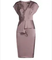 AIDAN MATTOX Appliqué V Neck Coctail Dress In Latte Sz 6 New