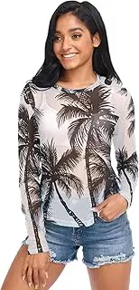 [RPLIFE] Black White Coconut Palm Trees Net Shirt for Women, Sexy Sheer Tops for Women S-XXL