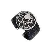 925 Silver, 30mm Flat Stingray Leather Cuff Fancy Clip Huge Onyx, Cubic Zircon
