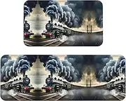 Steam Train Clouds Print Kitchen Floor Mat 2 Sets Non-Slip Rugs for Kitchen Laundry Office and Home Decor