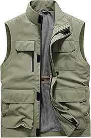 [QtthZZr] Men's Vest Multi-Pocket Gilet Outdoor Casual Fishing Travel Waistcoat Sleeveless Standing Collar Breathable Jacket