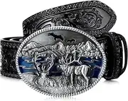 [Photect] Western Leather Buckle Belts Cowboy Deer Buckle Belt Wildlife Elk Buckle Belt Floral Engraved Cowboy Belts for Men