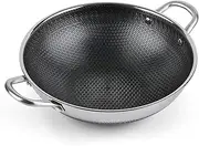 Hikaru 12.5” Wok Pan with Dual Honeycomb Wok Stainless Steel Wok Pan with Nonstick Coating, Frying Pans Cookware, Two Handles,Works with Induction,Gas, Electric, Ceramic Furnace Stove, without Lid