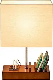 Dreamholder Table Lamp with 3 USB A+C Ports, 3 Phone Stands, Modern USB Bedside Lamp for Bedroom, Livingroom, Office, Nightstand Lamp with Walnut Wood Base & Fabric Shade