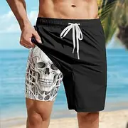 Men's Skull Lined Shorts 2 in 1 Board Shorts Swim Shorts Mid Waist Hawaiian Casual Vacation Holiday Beach Wear Side Pockets Color Block With Compression Liner