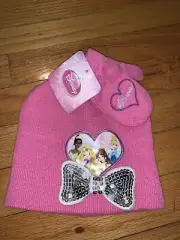NWT Disney Princess ￼Toboggan Mitten Set Pink Sequin Cinderella Belle Tiana