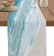 Summer Beach Table Runner Dresser Scarf, Elegant Blue Ocean Sea Waves Dining Room Table Runners 70 Inches Long, Coastal Kitchen Table Cloth for Coffee/Western/Party/Wedding Decor 13x70 Inch