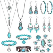 [FIBO STEEL] Bohemian Turquoise Jewelry Set for Women - Western Vintage Pendant Necklace, Bead Bracelet, Leather Cuff, Dangle Earrings, Knuckle Rings