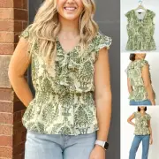 SKIES ARE BLUE Chiffon Peplum BlouseFloral Ruffle Women M Smocked Waist Lined