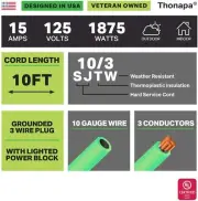 10 Foot Outdoor Extension Cord with 3 Electrical Power Outlets - 10/3 SJTW