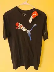 PUMA LEAPING CAT LOGO SZ SMALL BLACK BLUE WHITE RED T-SHIRT NWT