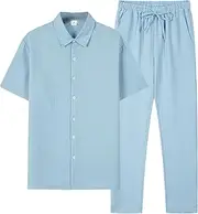 [Maiyifu-GJ] Men's Short Sleeve Shirt Outfits Summer Casual 2 Piece Button Down Shirts and Pants Sets Lightweight Beach Set (Light Blue,X-Large), Light Blue, X-Large, Light Blue, X-Large