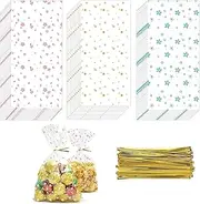 100 Pcs Wildflower Party Cellophane Treat Bags - Floral Candy Plastic Goody Bags for Baby Shower, Bridal Shower, Birthday, Wedding - Clear Gift Supplies with Flat Bottom